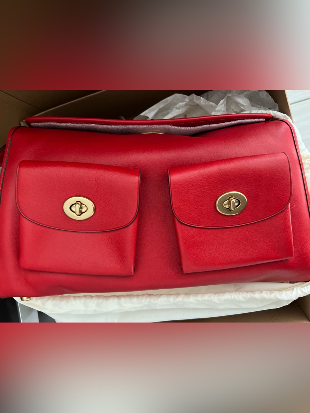Coach Red Women’s Leather Shoulder Bag with Front Pockets